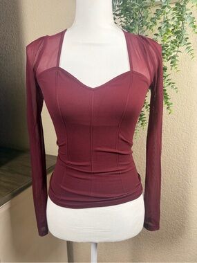 Free People Maroon Sweetheart Mesh Sleeve Top